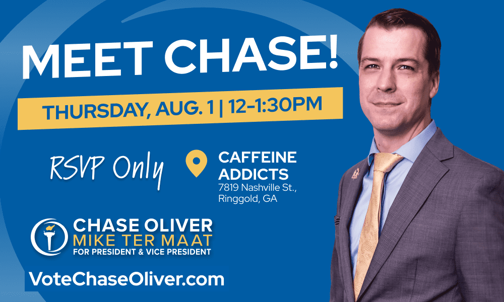 An event graphic featuring a picture of Chase Oliver