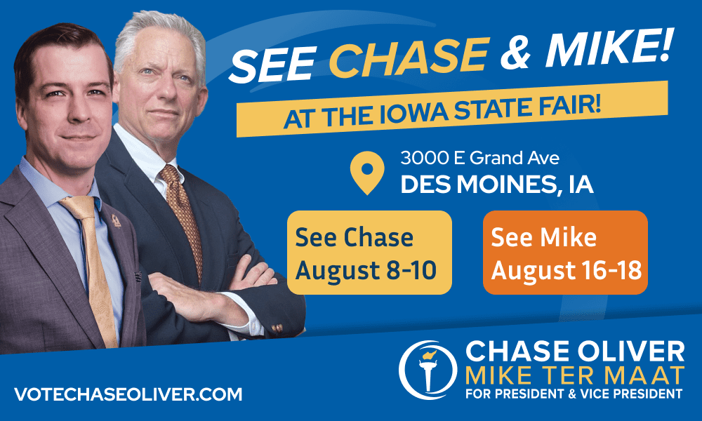 Iowa event graphic featuring Chase Oliver and Mike ter Maat