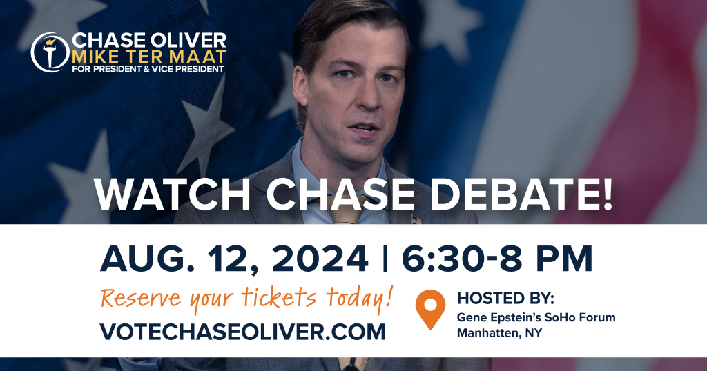 Graphic details of the August 12, SoHo debate featuring an image of Chase Oliver