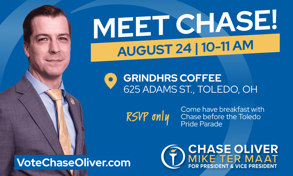 Event graphic featuring a picture of Chase Oliver