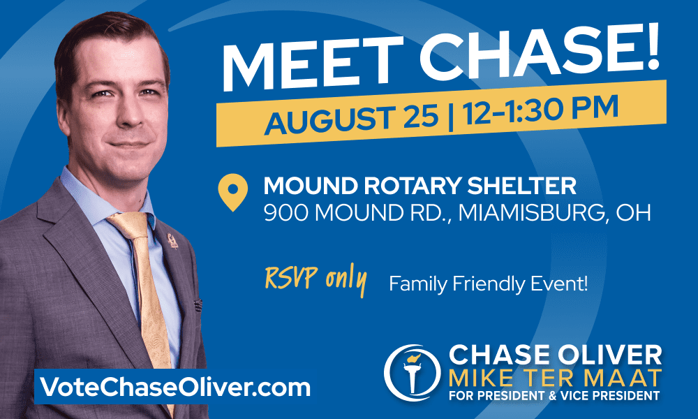 Event graphic featuring a picture of Chase Oliver