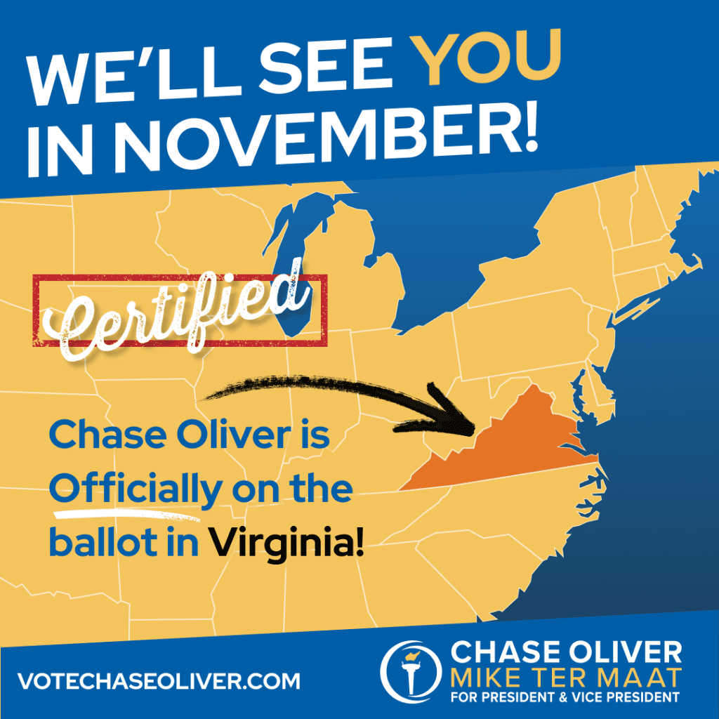 Graphic indicating Libertarian candidate for President Chase Oliver will be on the ballot in Virginia.