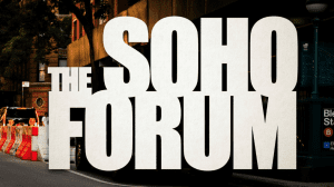 The soho forum logo over a background of a city.