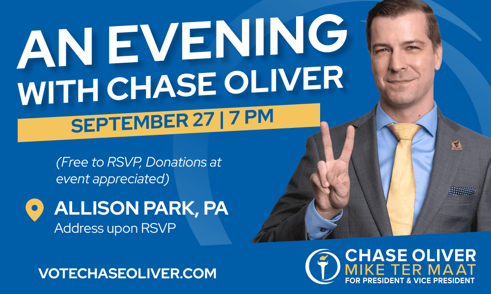 Event graphic for Libertarian candidate for President Chase Oliver.