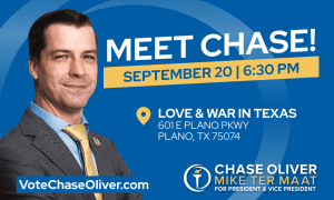 Event graphic for Libertarian Party nominee for President of the United States Chase Oliver.